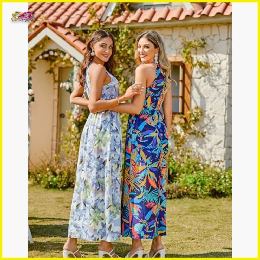 Floral Maxi Dress Boho Beach Vacation Summer Flowy Split Halter Backless - Picture 5 of 7